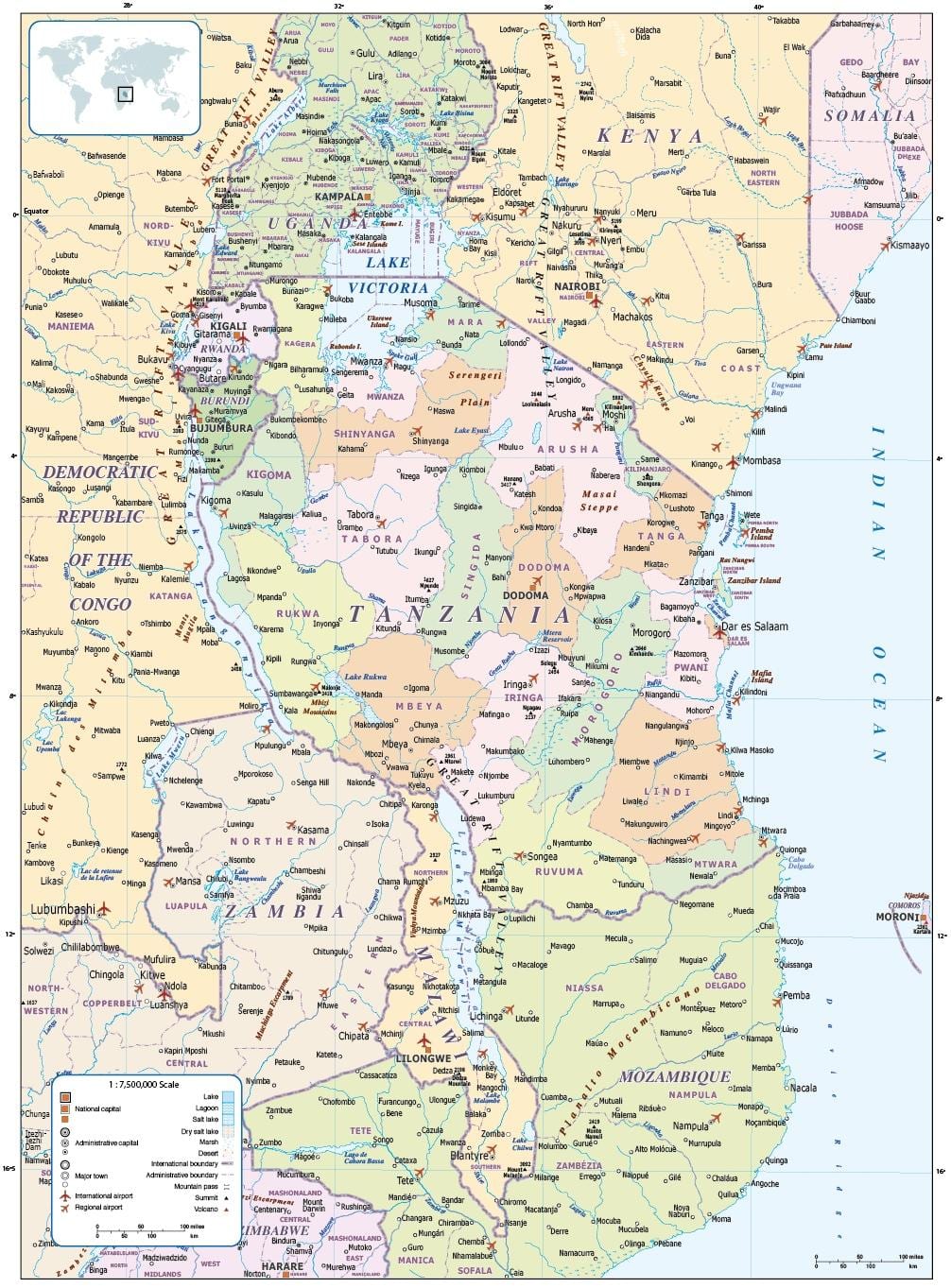 ನಕ್ಷೆ ಟಾಂಜಾನಿಯಾ ಮತ್ತು ಸುತ್ತಮುತ್ತಲಿನ ದೇಶಗಳಲ್ಲಿ